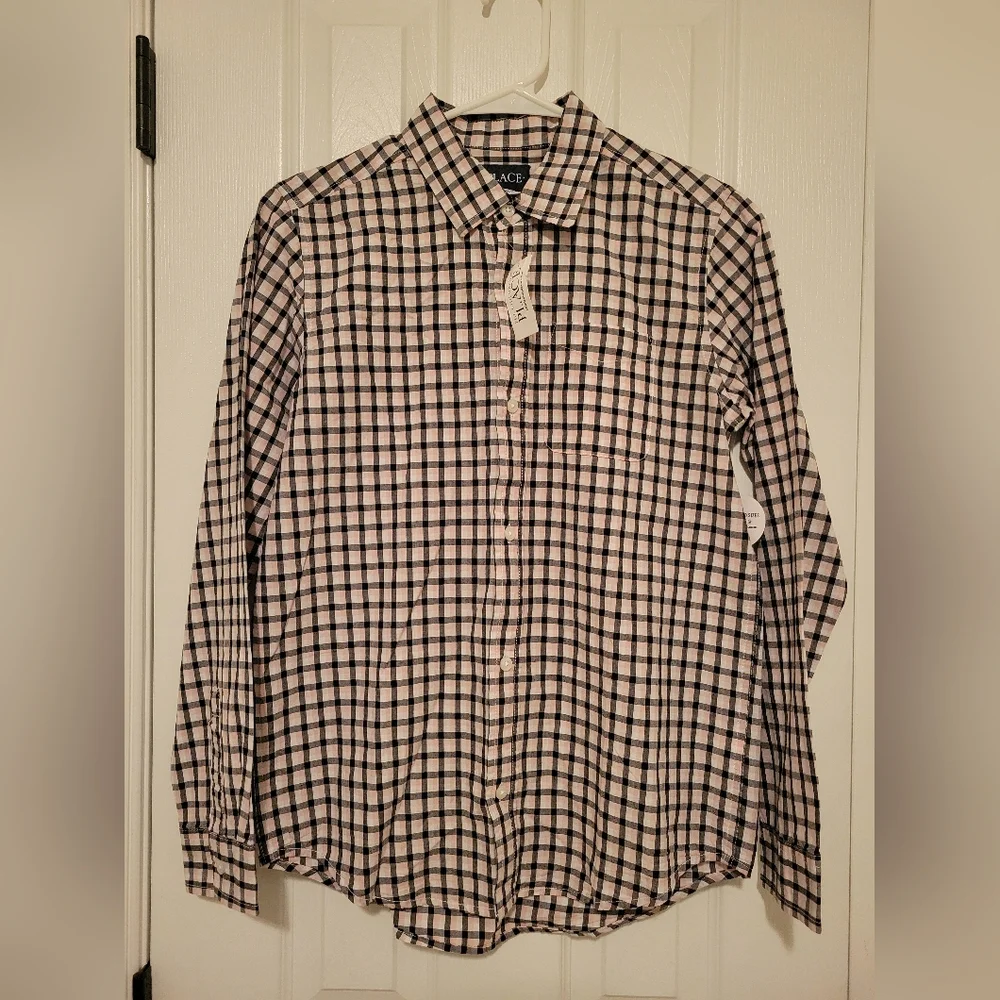 The Children's Place Boys Youth Black and White Plaid Button Down Shirt